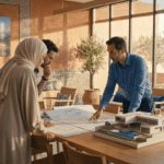 Architecte en train d'étudier un plan et de l'expliquer aux clientsen train d'étudier un plan et de l'expliquer au clients