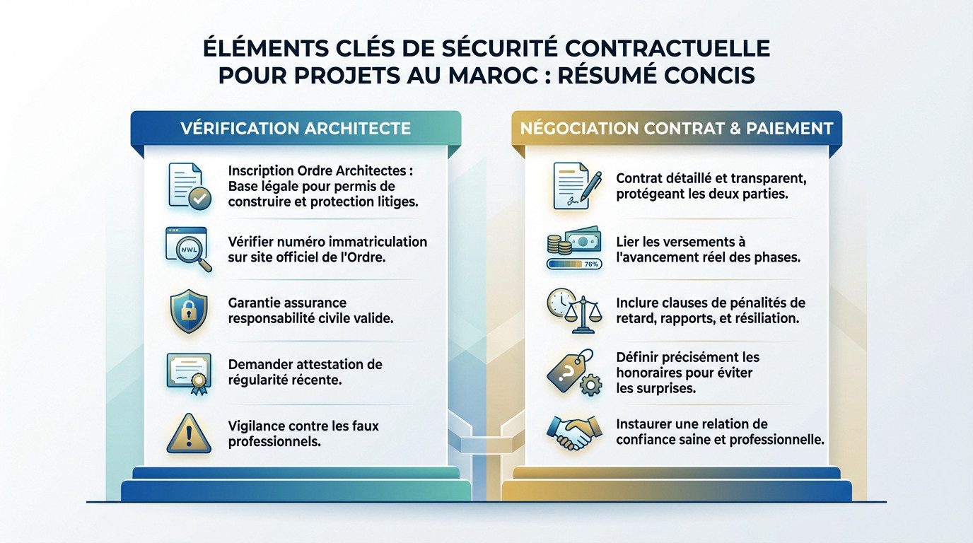 Résumé des sécurités contractuelles pour choisir son architecte au Maroc